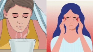 a woman with a headache and a cup of hot tea