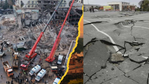 a collage of a broken building and a crane